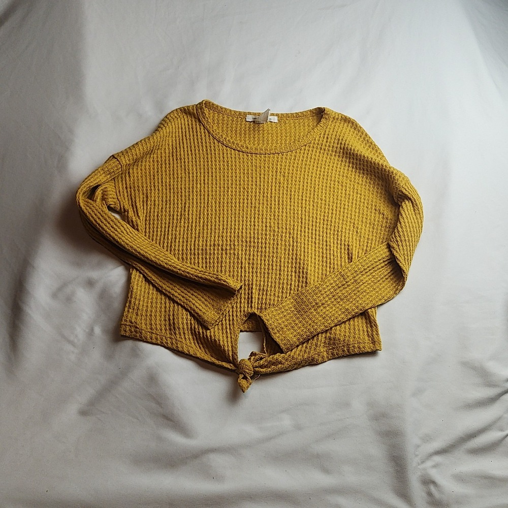 Caution to the Wind Waffle Knit Tie-Front Crop Top Mustard Women's Size Small